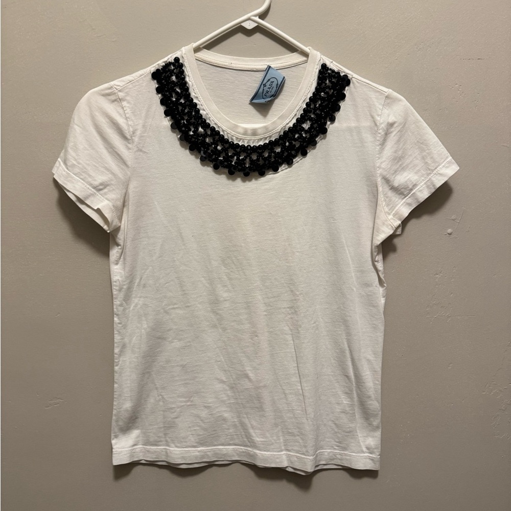 Prada Cream/White Tee with Black Beaded Collar - Picture 3 of 9